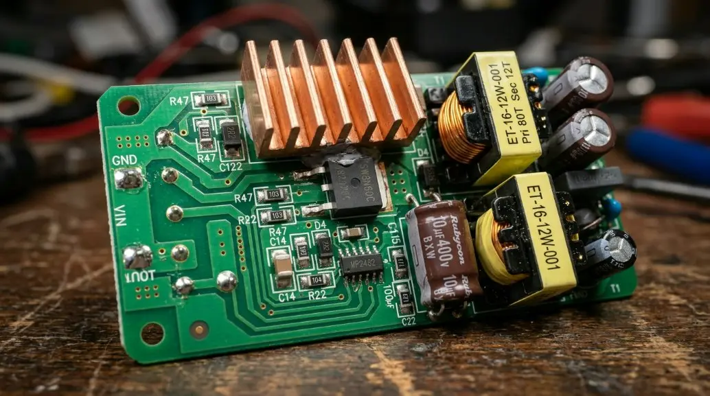 An detailed close-up schematic or technical render of a circuit board inside a 12W adapter, showing components, copper heat sinks, and clean engineering traces